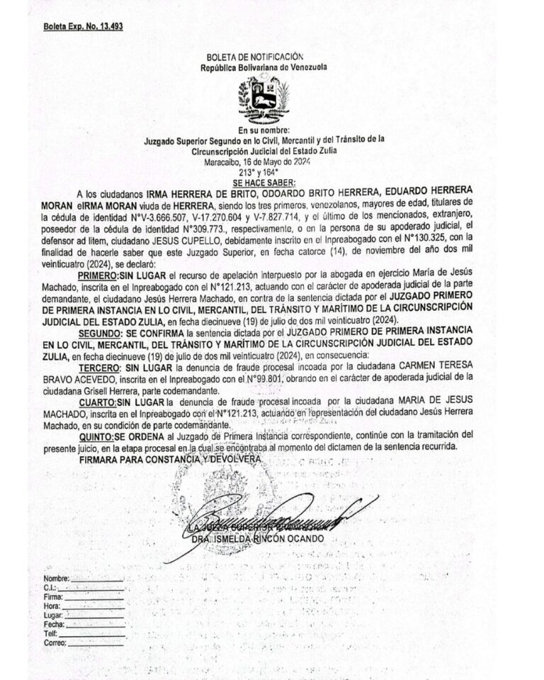 Boleta de Notificación Expediente Nro 13.493