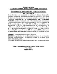 Convocatoria Asamblea General Extraordinaria Repuestos y Lubricantes RM C.A