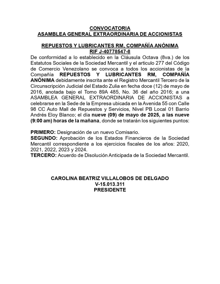 Convocatoria Asamblea General Extraordinaria Repuestos y Lubricantes RM C.A