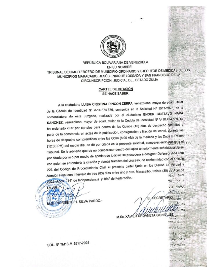 Cartel de Citación Solicitud Nro TM13-M-1517-2025