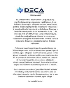 Comunicado Junta Directiva de Desarrollo Casigua (DECA),