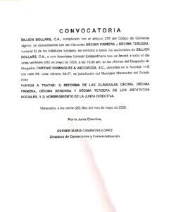 Convocatoria Asamblea General Extraordinaria Billion Dollars C.A