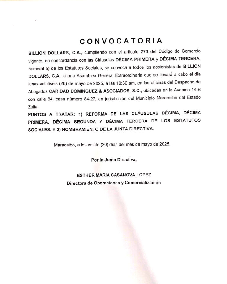 Convocatoria Asamblea General Extraordinaria Billion Dollars C.A
