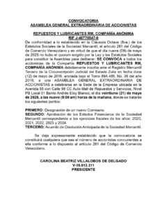 Convocatoria Asamblea General Extraordinaria de Accionistas Repuestos y Lubricantes RM C.A