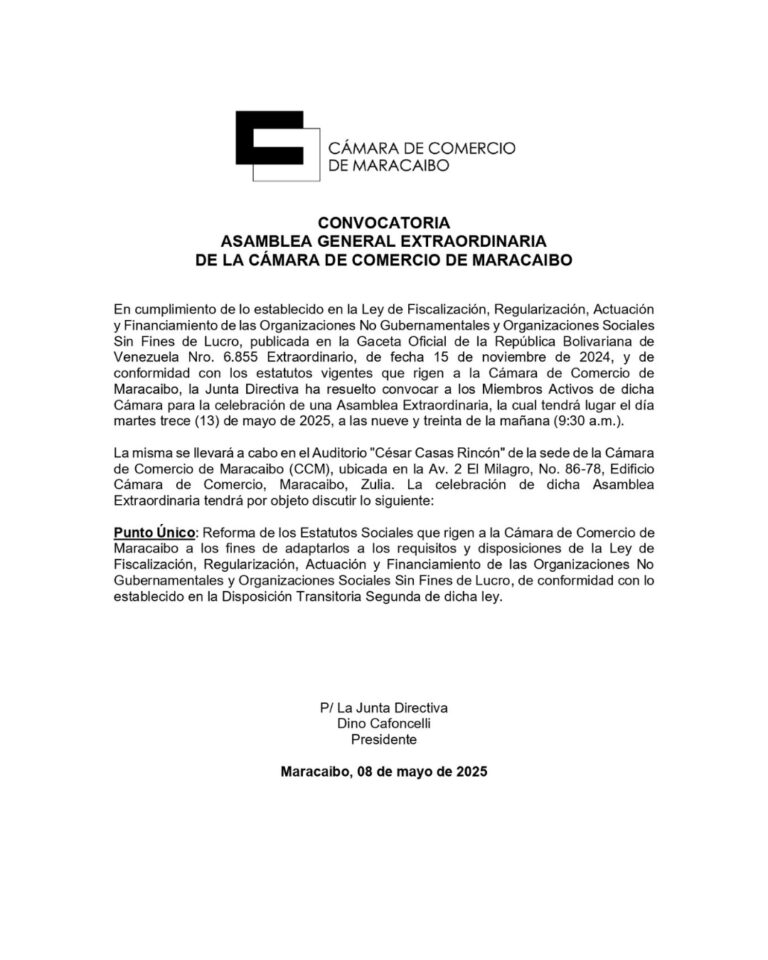 Convocatoria Asamblea General Extraordinaria de la Cámara de Comercio de Maracaibo