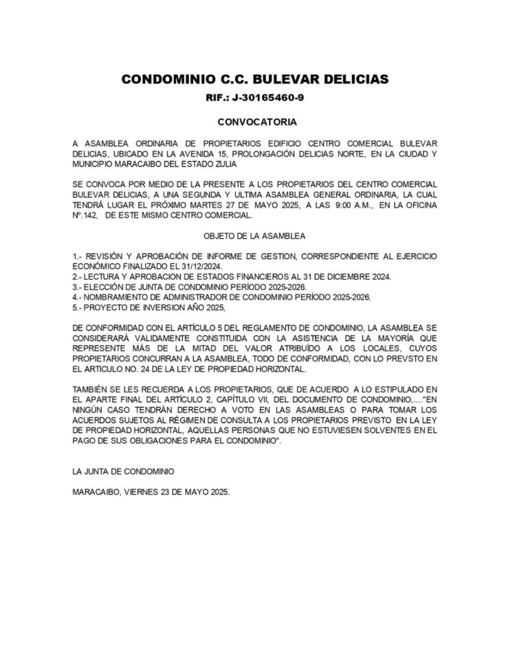 Convocatoria Asamblea Ordinaria Condominio C.C Bulevar Delicias