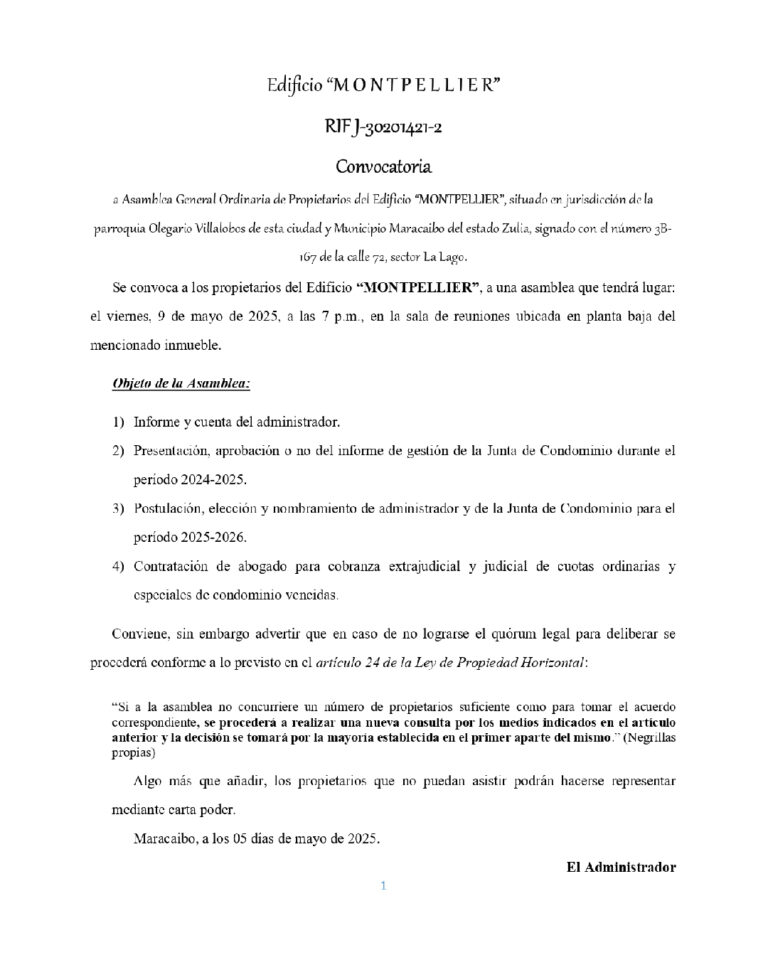Convocatoria Asamblea Ordinaria de Propietarios Edificio Montpellier