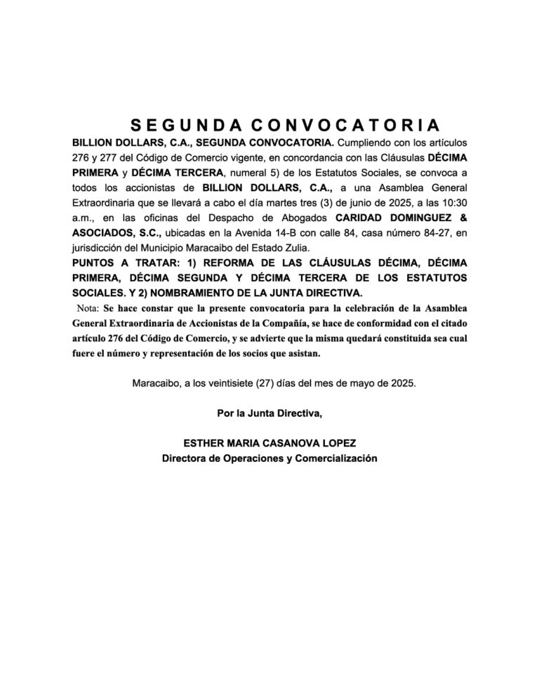 Segunda Convocatoria Asamblea General Extraordinaria Billion Dollars C.A