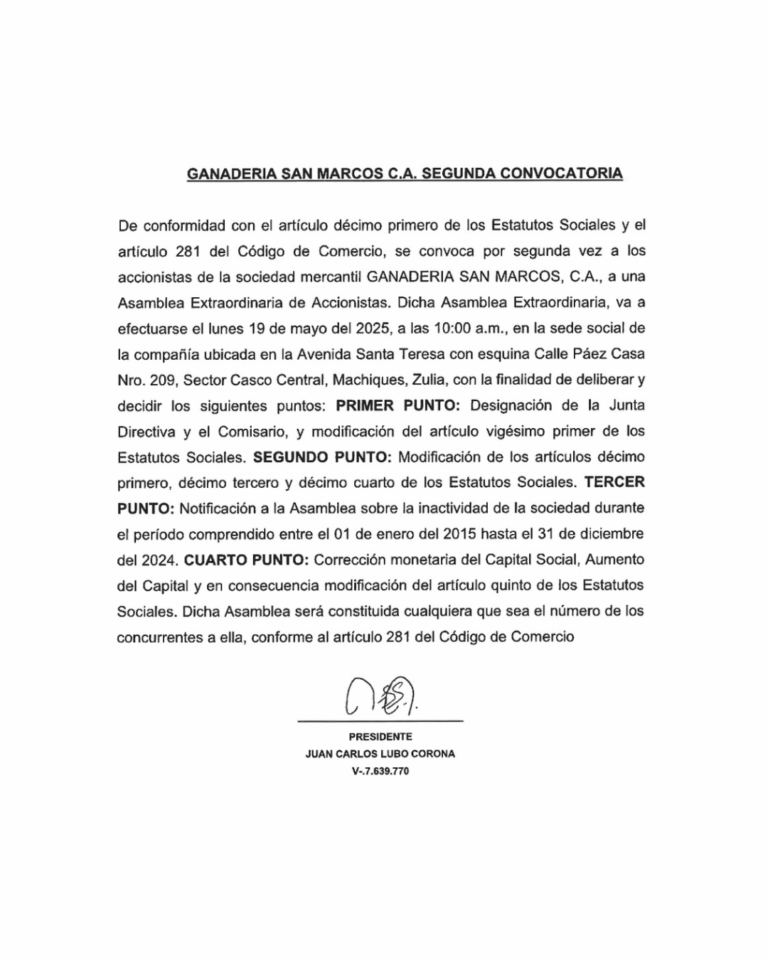 Segunda Convocatoria Ganadería San Marcos C.A