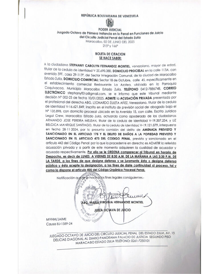 Boleta de Citación Admisión de Acusación Privada