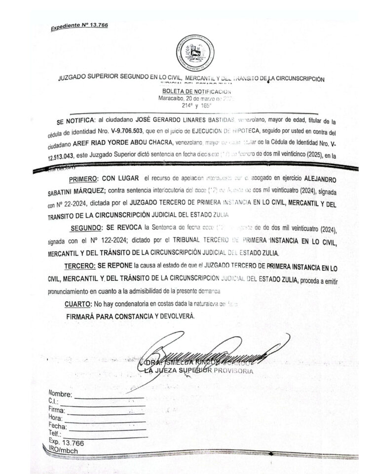 Boleta de Notificación Expediente Nro 13.766