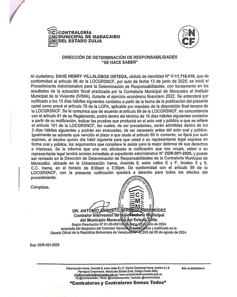 Cartel Contraloría Municipal de Maracaibo del Estado Zulia Expediente Nro DDR-001-2025