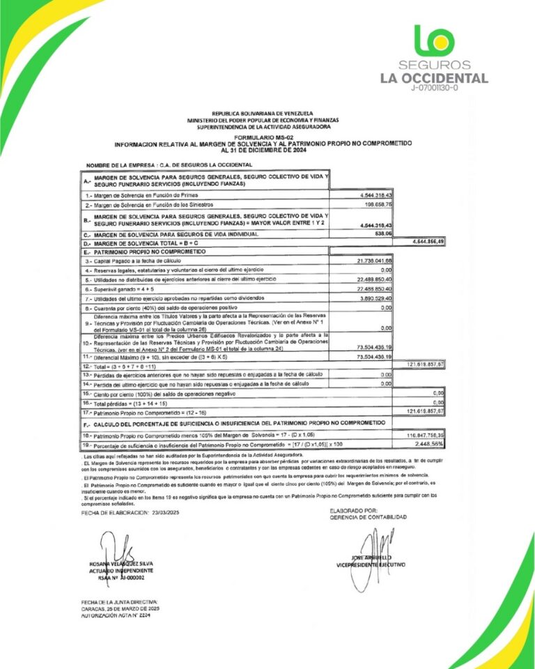 Cartel Formulario MS-02 Margen de Solvencia Seguros la Occidental C.A