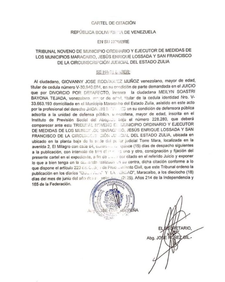 Cartel de Citación Divorcio por Desafecto
