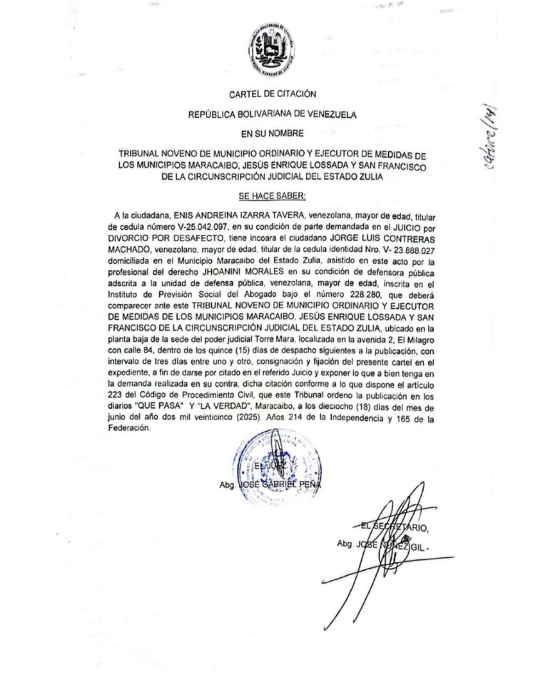 Cartel de Citación Divorcio por Desafecto Enis Izarra