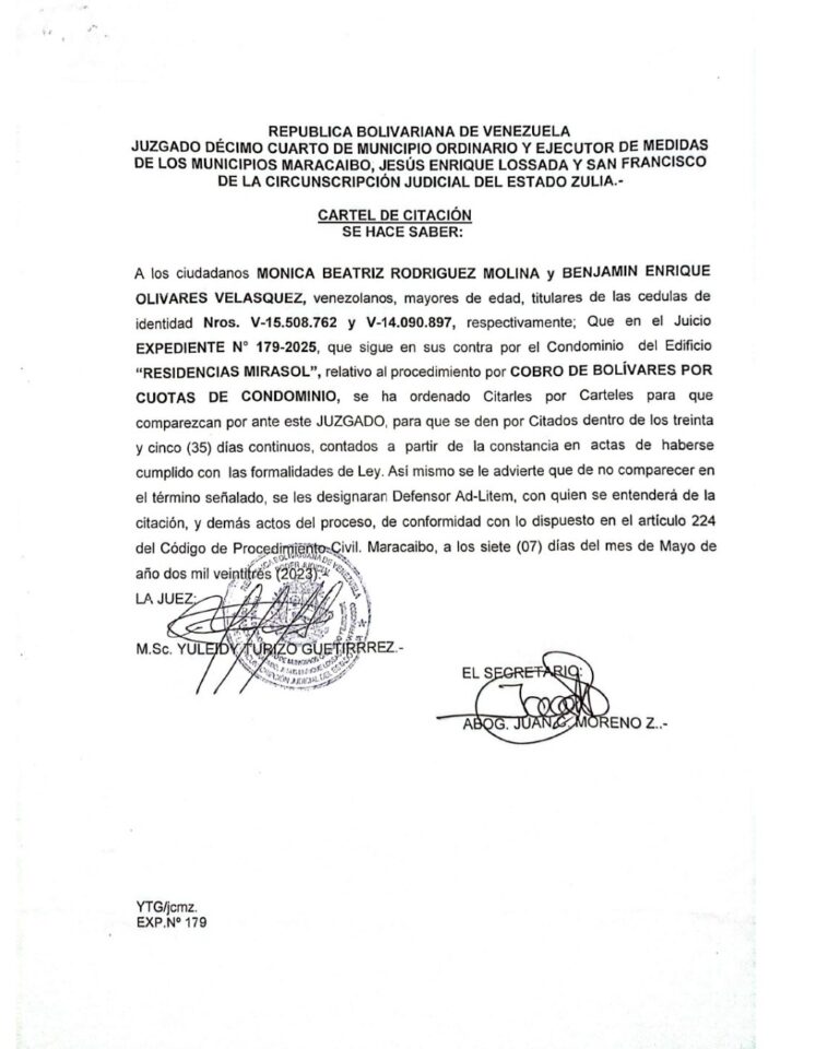 Cartel de Citación Expediente Nro 179