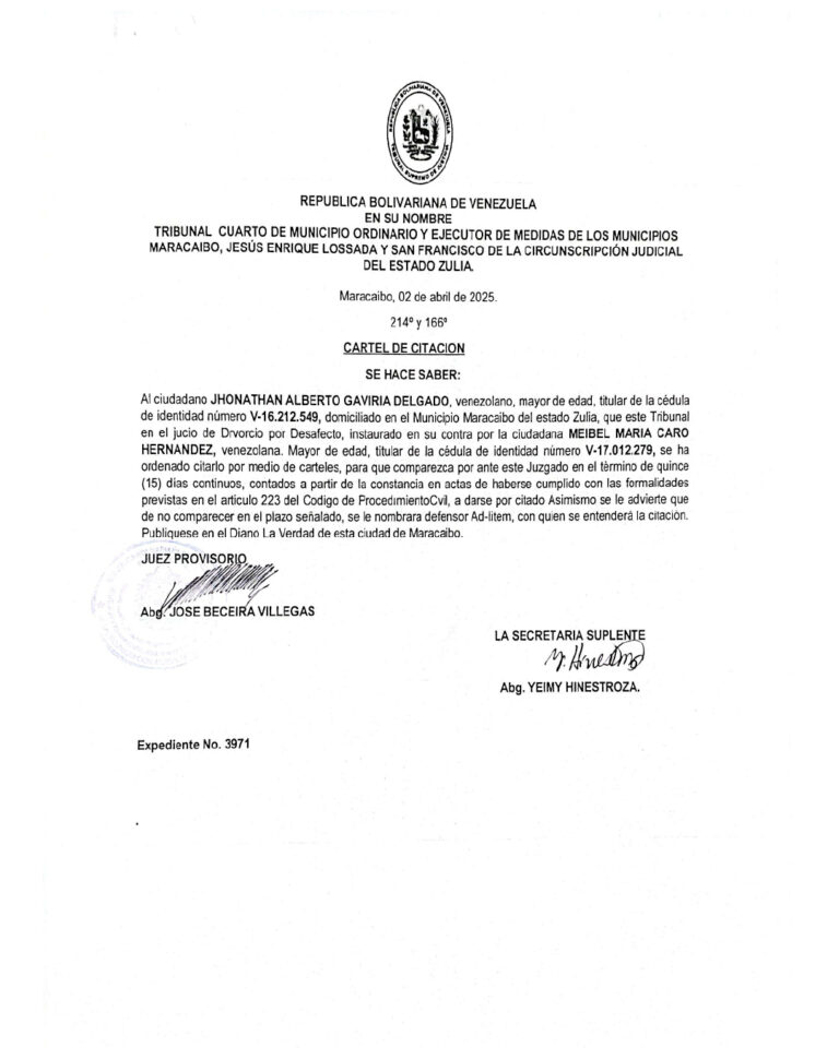 Cartel de Citación Expediente Nro 3971