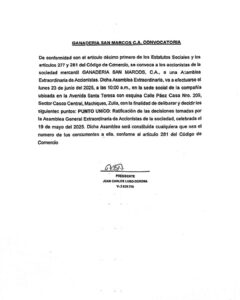 Convocatoria Asamblea Extraordinaria Ganadería San Marcos C.A