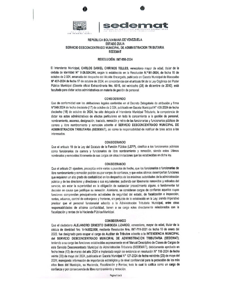 Cartel de Notificación Sedemat Resolución IMT-956-2024