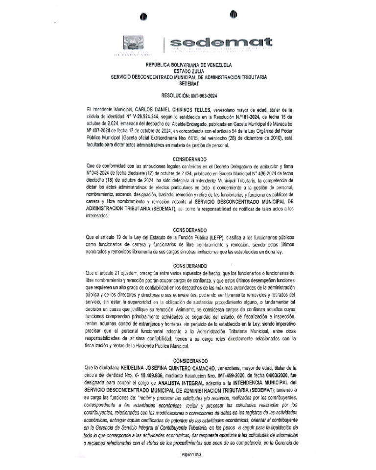 Cartel de Notificación Sedemat Resolución IMT-963-2024