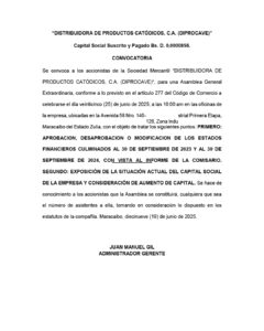Convocatoria Asamblea General Distribuidora de Productos Catódicos C.A (DIPROCAVE)