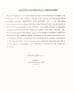 Convocatoria Asamblea Extraordinaria Ganadería San Marcos C.A