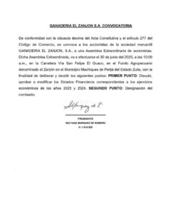 Convocatoria Asamblea Extraordinaria de Accionistas Ganadería El Zajon S.A