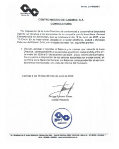 Convocatoria Asamblea General Extraordinaria Centro Médico Cabimas S.A