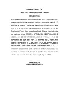 Convocatoria Asamblea General Extraordinaria DHA Fundiciones C.A