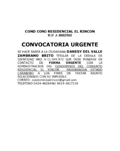 Convocatoria Urgente Conjunto Residencial El Rincón