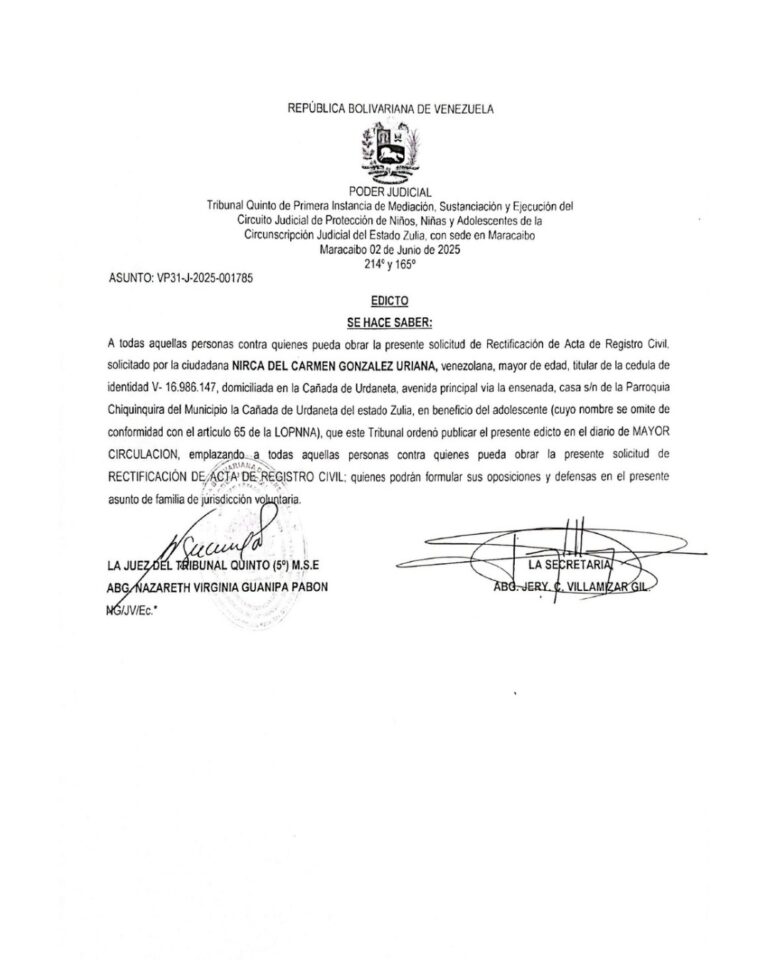 Edicto Asunto Nro VP31-J-2025-001785