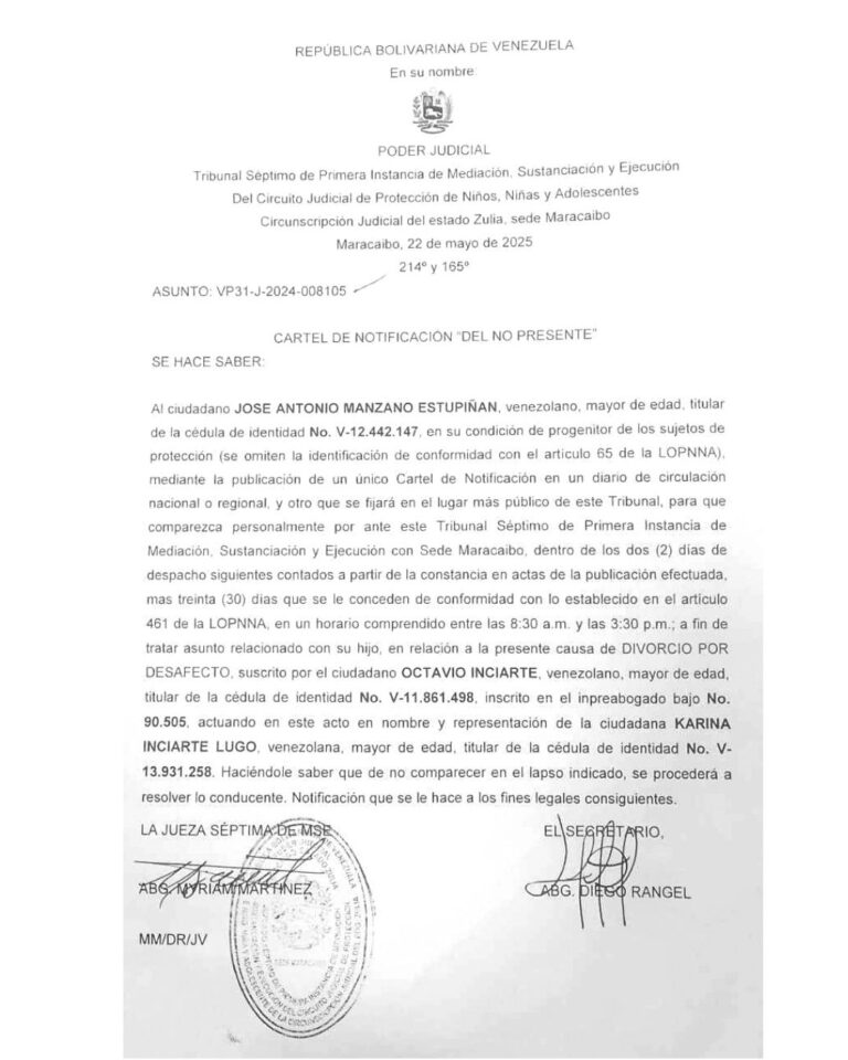 Cartel de Notificación "DEL NO PRESENTE" Asunto VP31-J-2024-008105