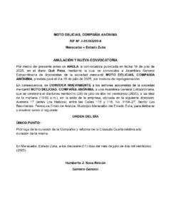 Anulación y Nueva Convocatoria Asamblea General Extraordinaria Moto Delicias C.A