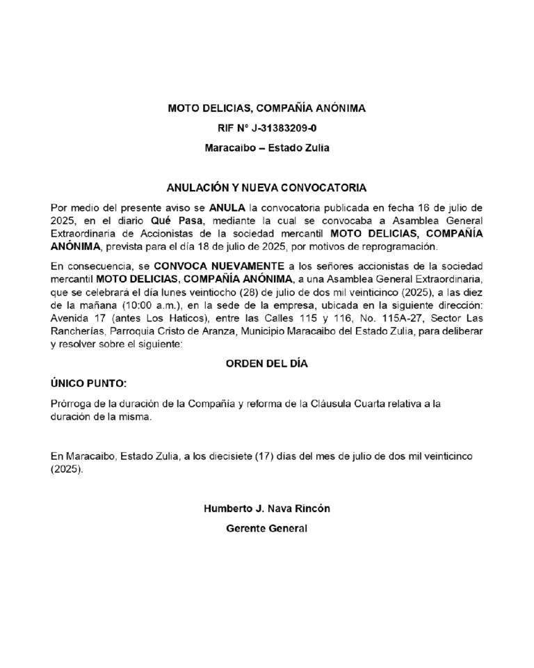 Anulación y Nueva Convocatoria Asamblea General Extraordinaria Moto Delicias C.A