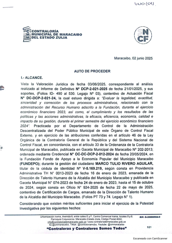 Cartel Auto de Proceder Contraloría Municipal de Maracaibo Expediente Nro DPI-004-2025
