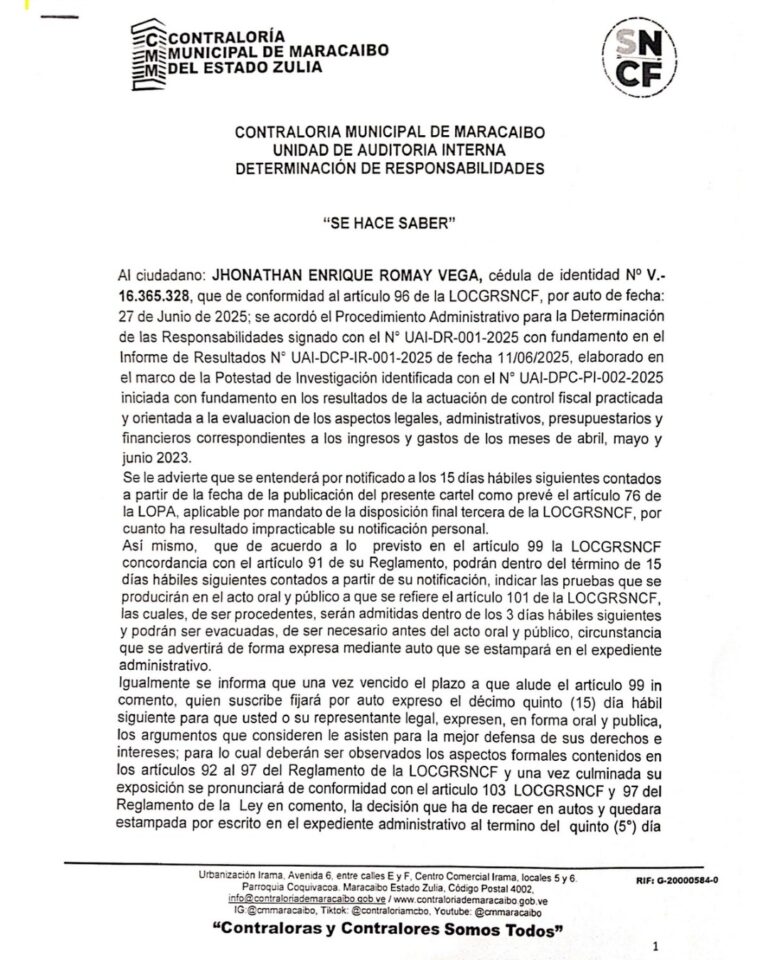 Cartel Contraloría Municipal de Maracaibo Expediente Nro UAI-DR-001-2025