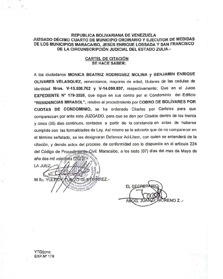 Cartel de Citación Expediente Nro 179