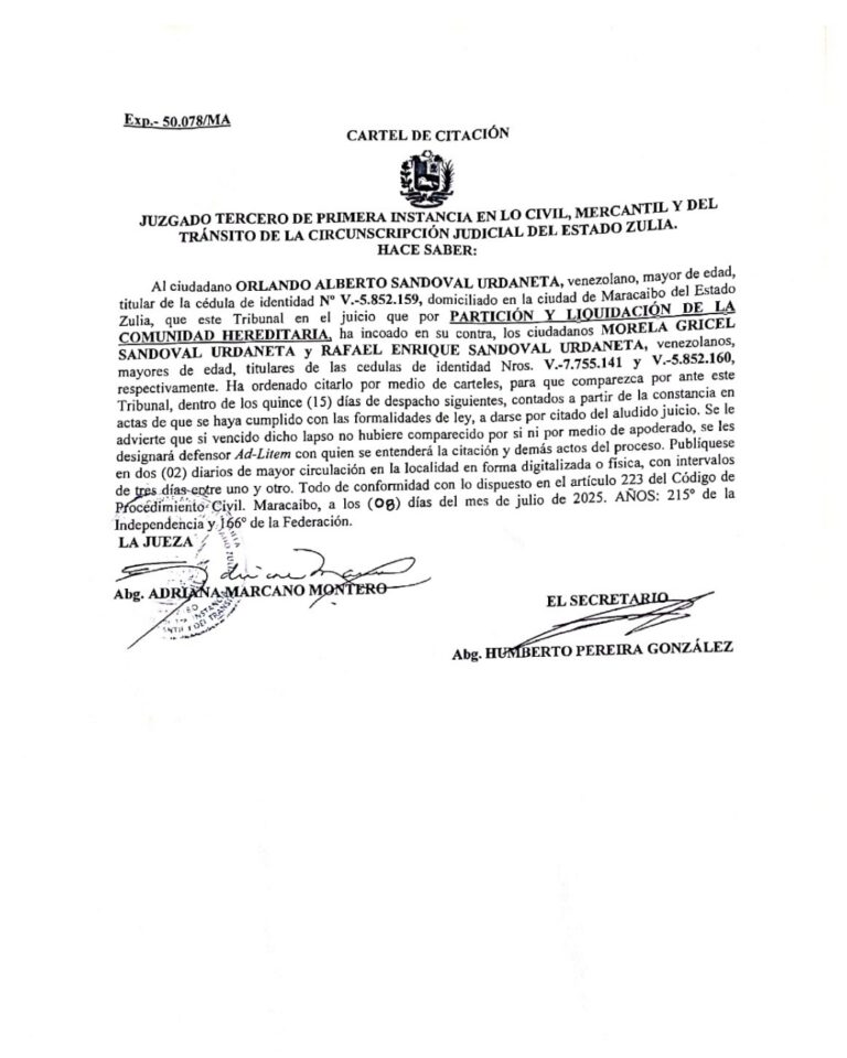 Cartel de Citación Expediente Nro 50.078/MA