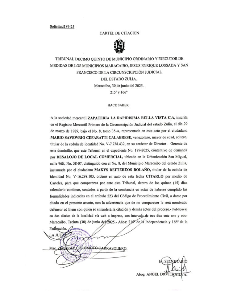 Cartel de Citación Solicitud Nro 189-25