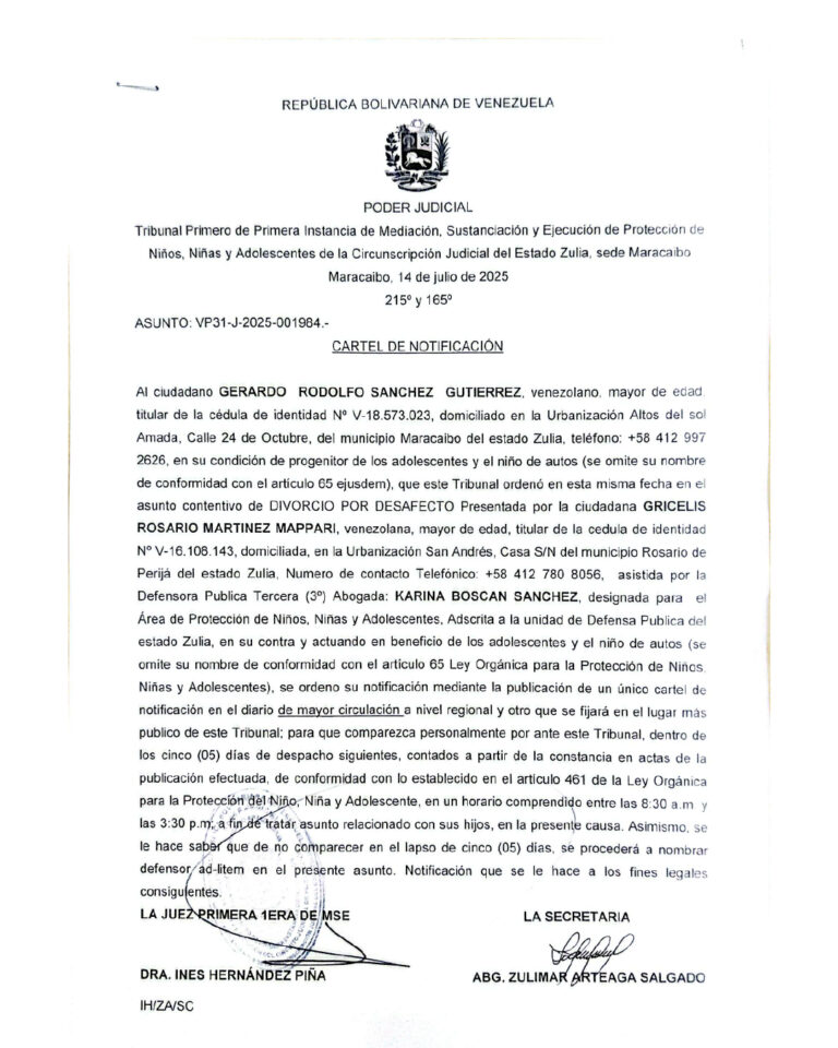 Cartel de Notificación Asunto VP31-J-2025-001984