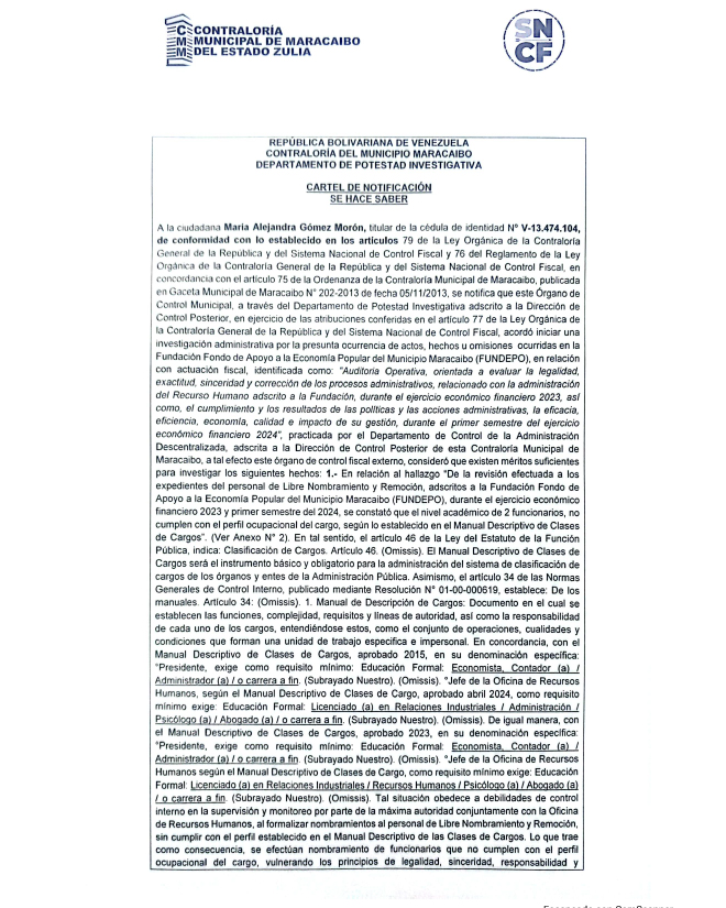 Cartel de Notificación Contraloría Municipal de Maracaibo del Estado Zulia Expediente DPI-004-2025