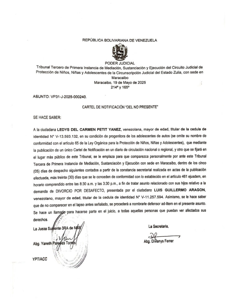Cartel de Notificación del NO Presente Asunto VP31-J-2025-000240