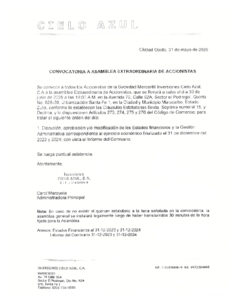 Convocatoria Asamblea Extraordinaria de Accionistas Inversiones Cielo Azul C.A