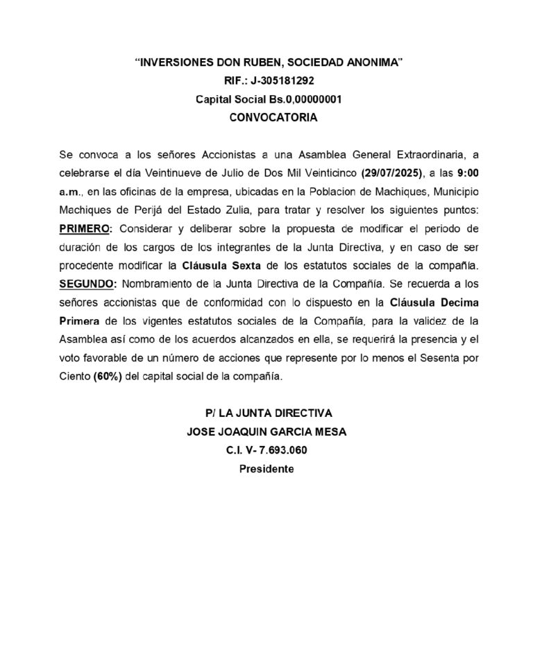 Convocatoria Asamblea Extraordinaria de Accionistas Inversiones Don Rubén S.A