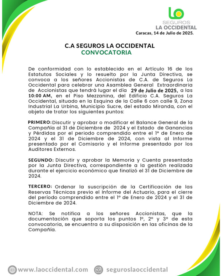Convocatoria Asamblea Extraordinaria de Accionistas Seguros La Occidental C.A