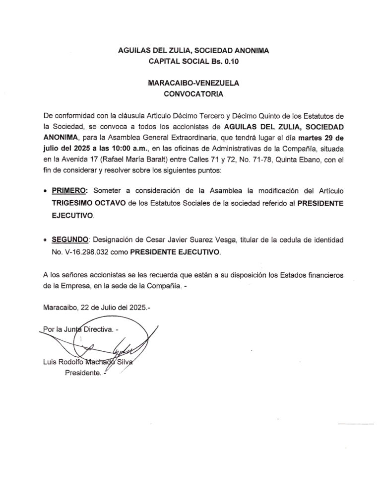 Convocatoria Asamblea General Extraordinaria Águilas del Zulia S.A