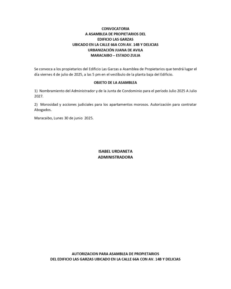 Convocatoria Asamblea de Propietarios Edificio Las Garzas