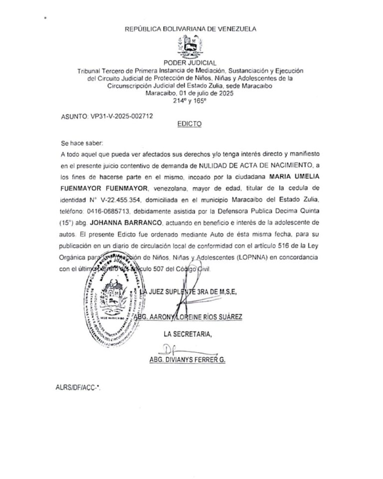 Edicto Asunto Nro VP31-V-2025-002712