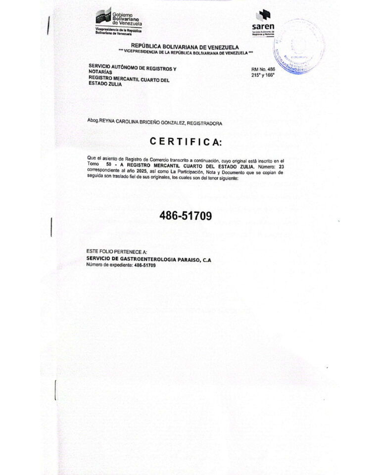 Registro Mercantil Servicio de Gastroenterología Paraíso CA Expediente Nro 486-51709