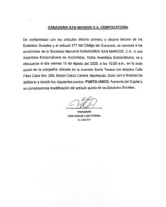 Convocatoria Asamblea Extraordinaria de Accionistas Ganadería San Marcos C.A